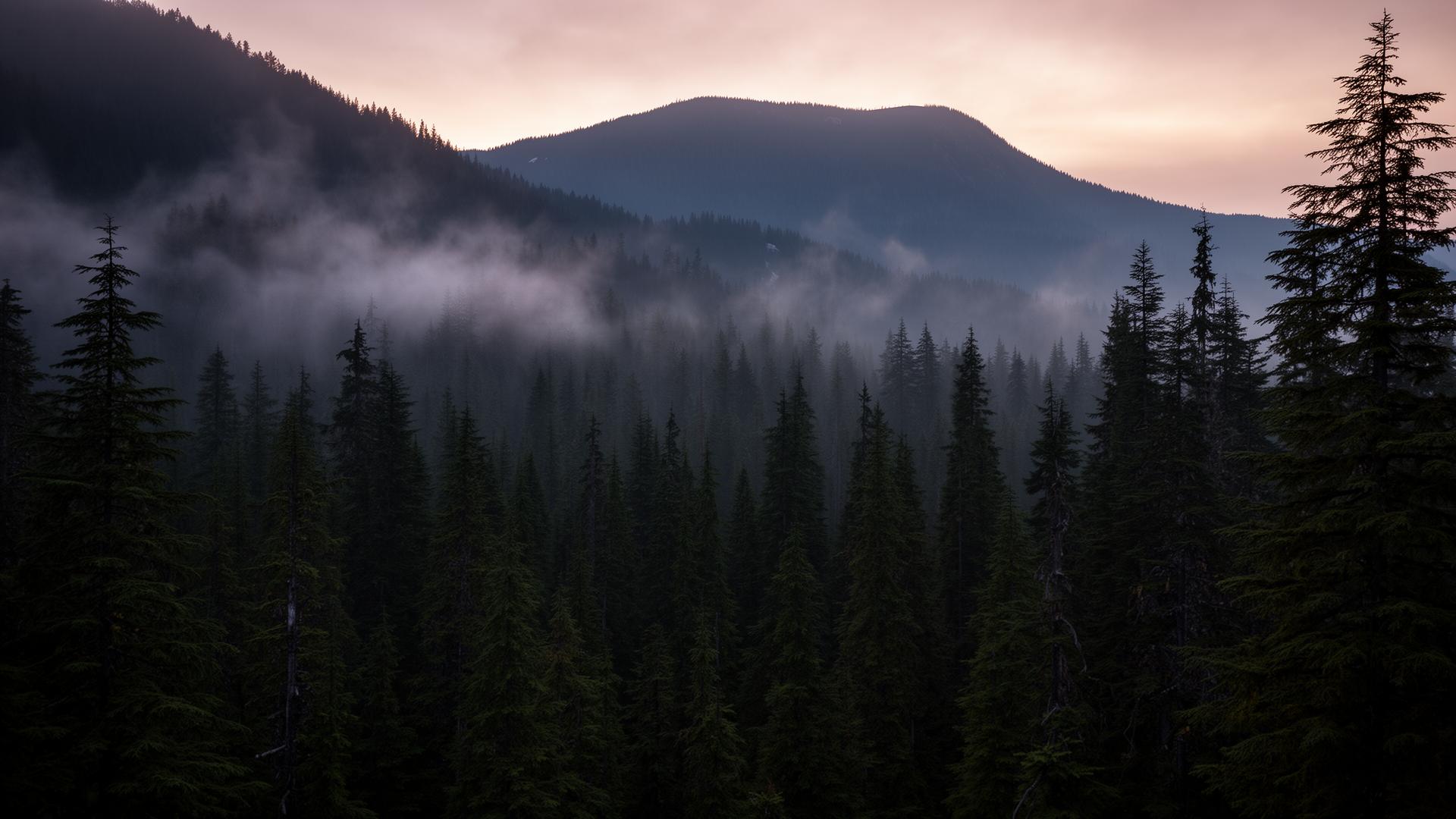 Misty hemlock forest at dawn in the British Columbia mountains